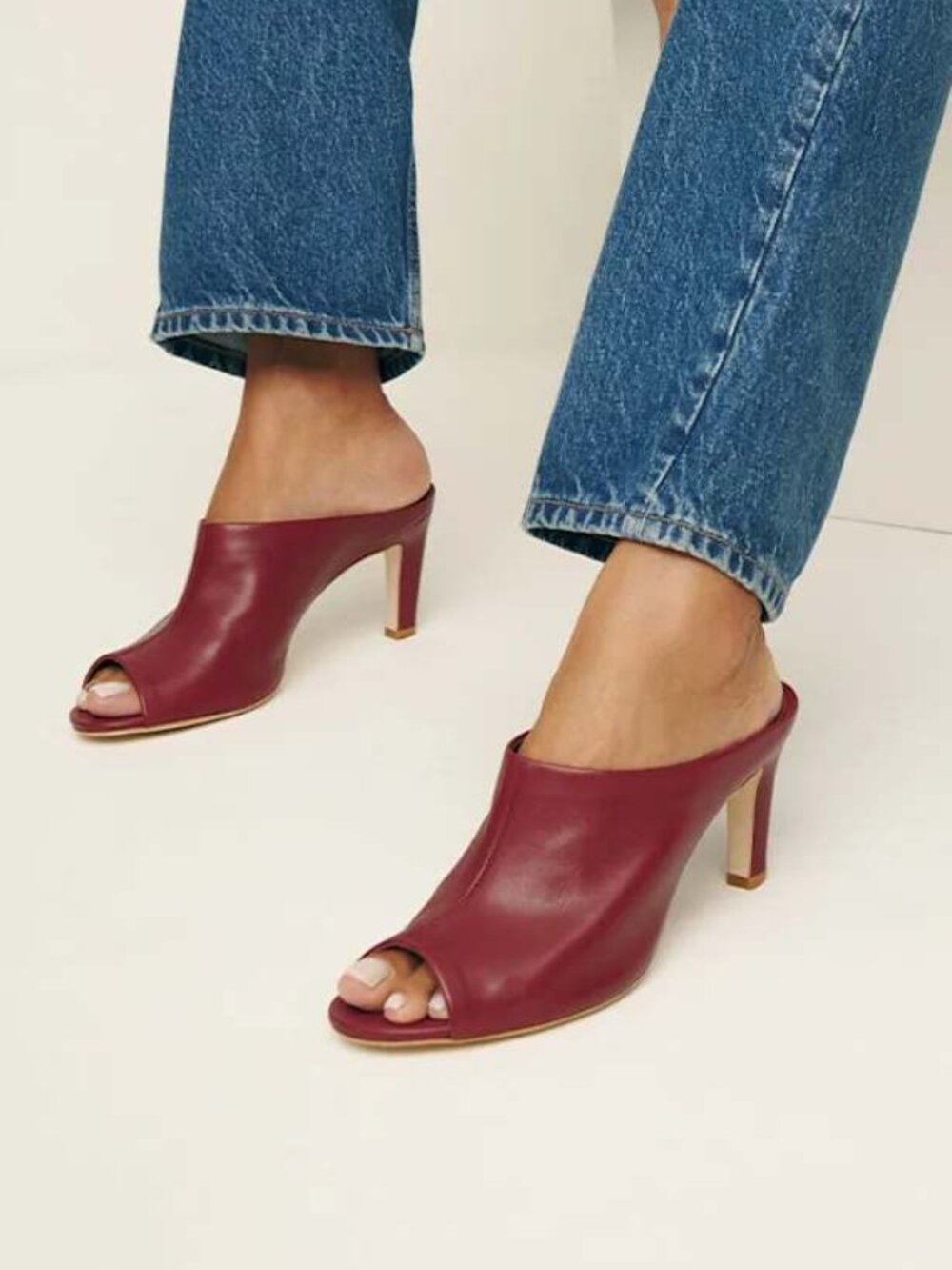 Reformation Lydia Heeled Sandal Brick Red Leather Burgundy Peep Toe Mules 8.5